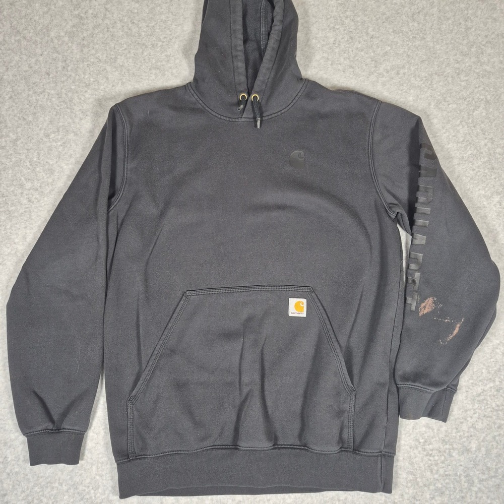 Carhartt Hoodie Mens Medium Black Loose Fit Graphic Sleeve Logo Sweatshirt